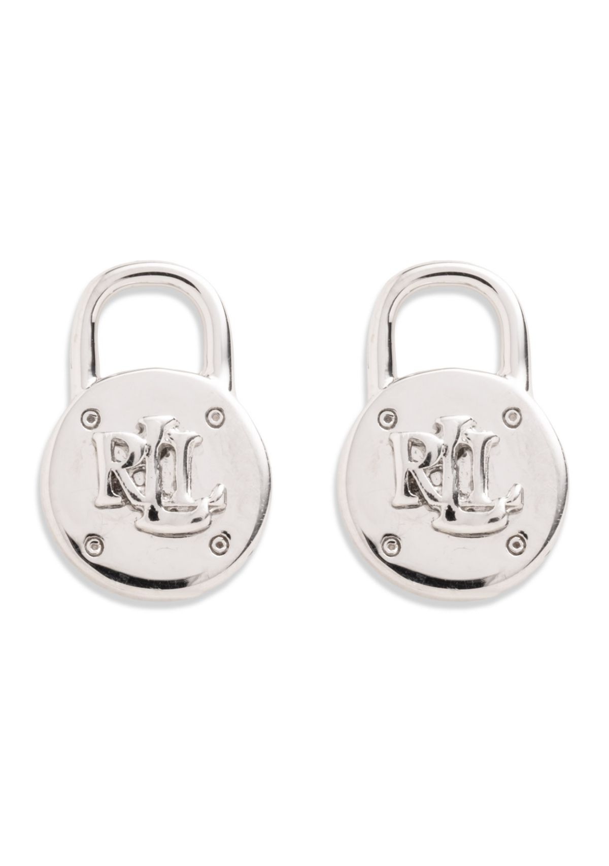 Silver Tone Logo Padlock Stud Earrings