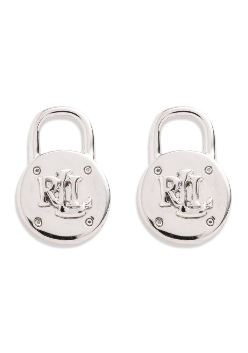Silver Tone Logo Padlock Stud Earrings