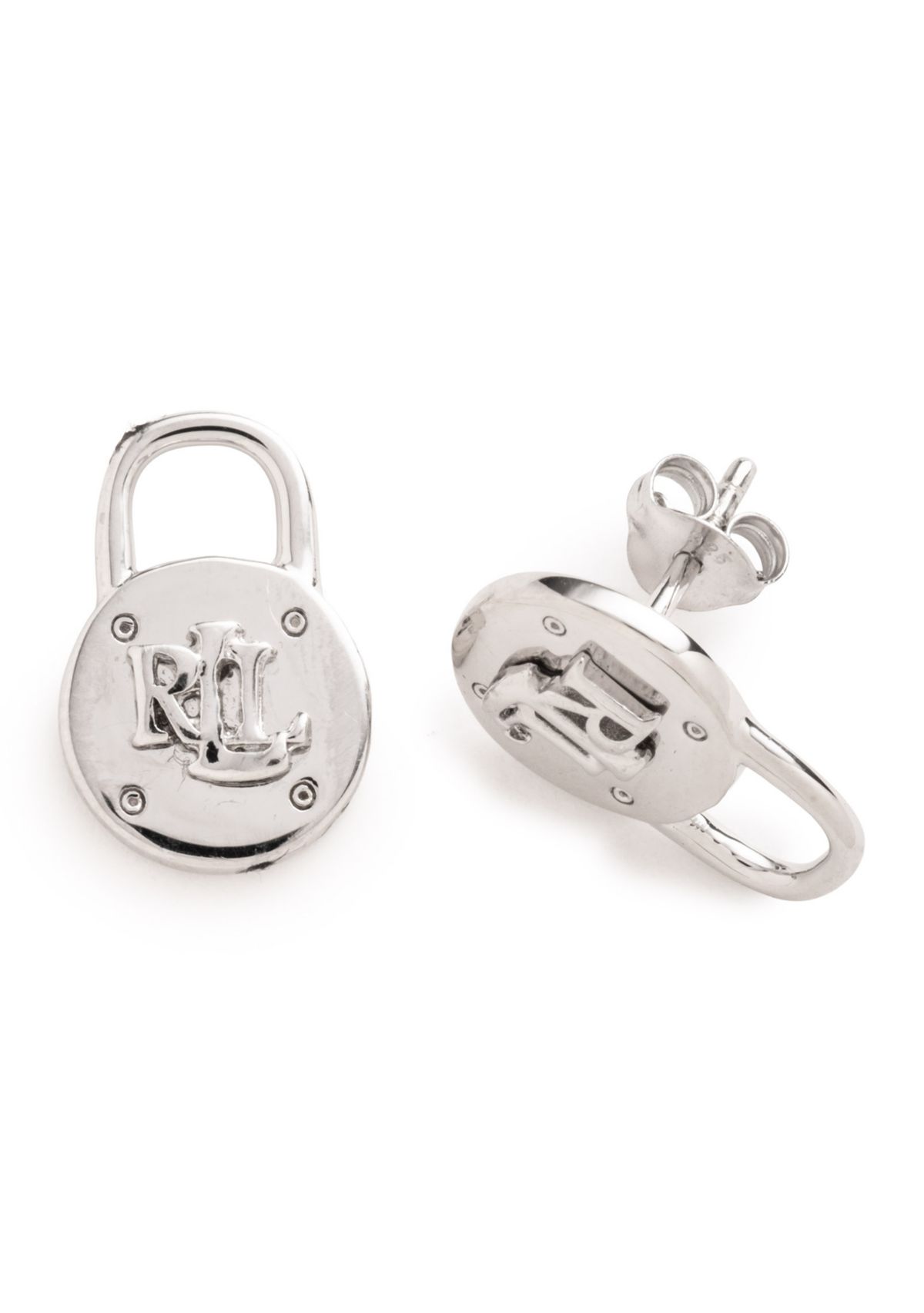 Silver Tone Logo Padlock Stud Earrings