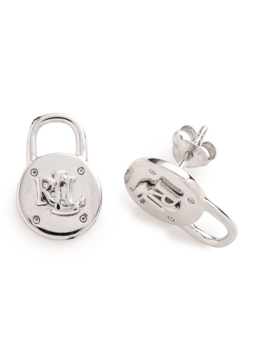 Silver Tone Logo Padlock Stud Earrings
