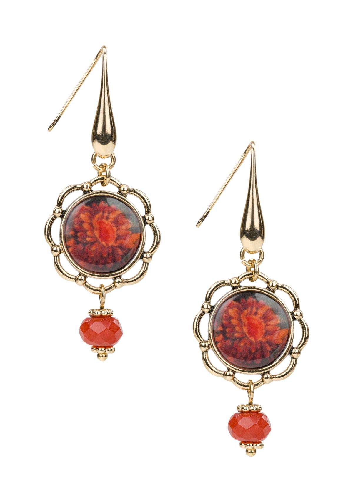 Red Flower Wire Drop Earrings