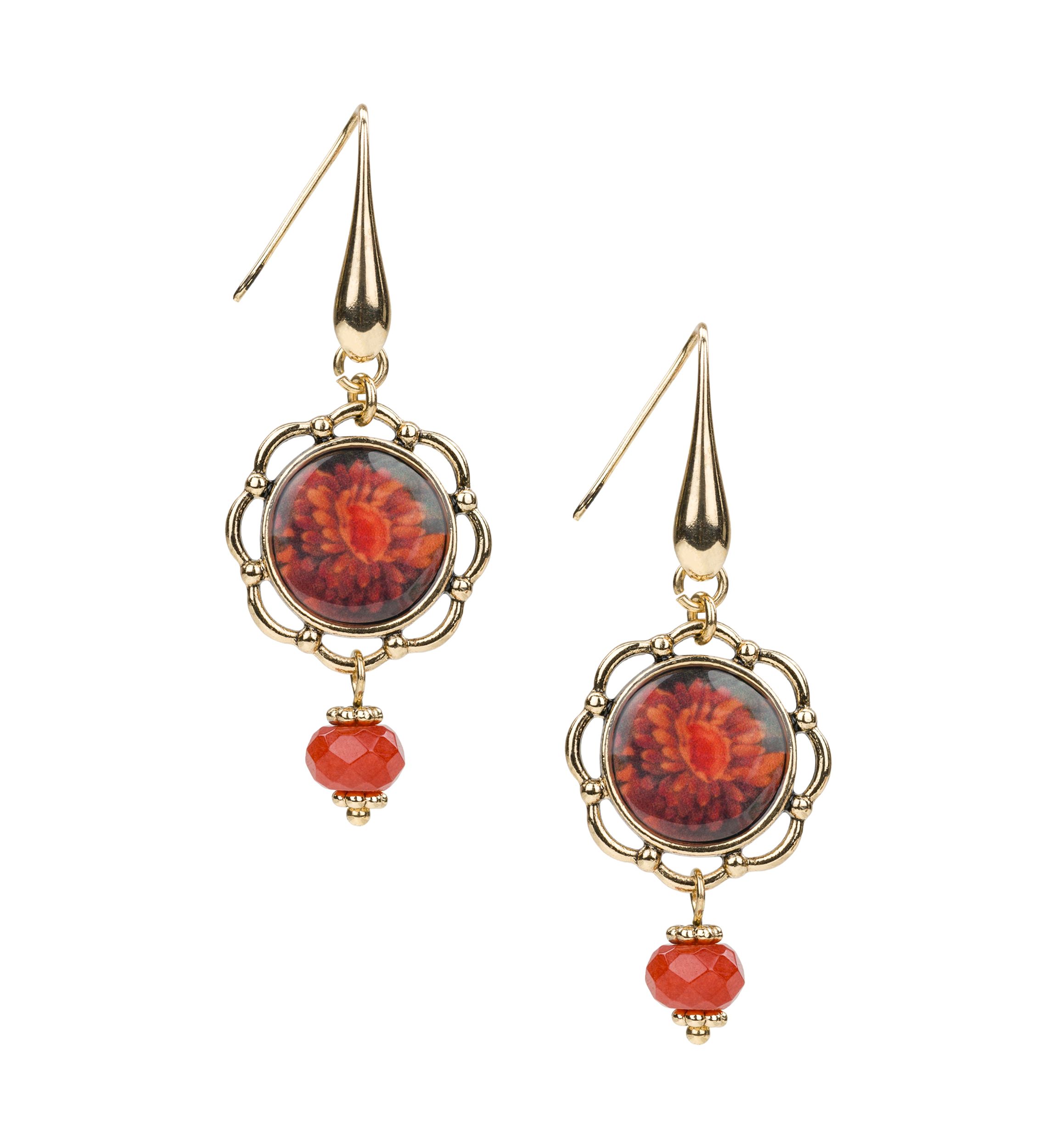 Red Flower Wire Drop Earrings