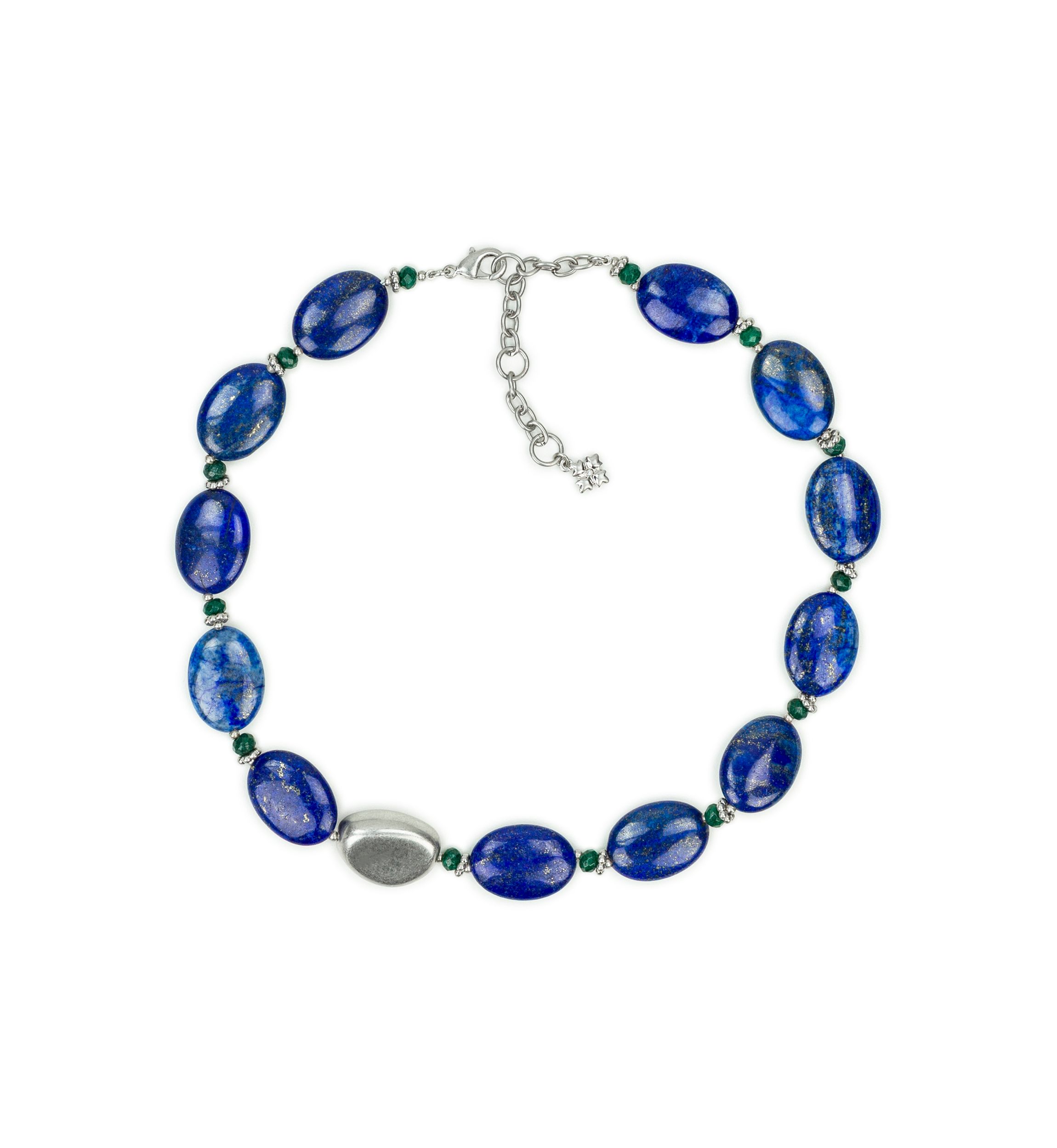 Oval Blue Beaded Worn Rhodium Necklace 