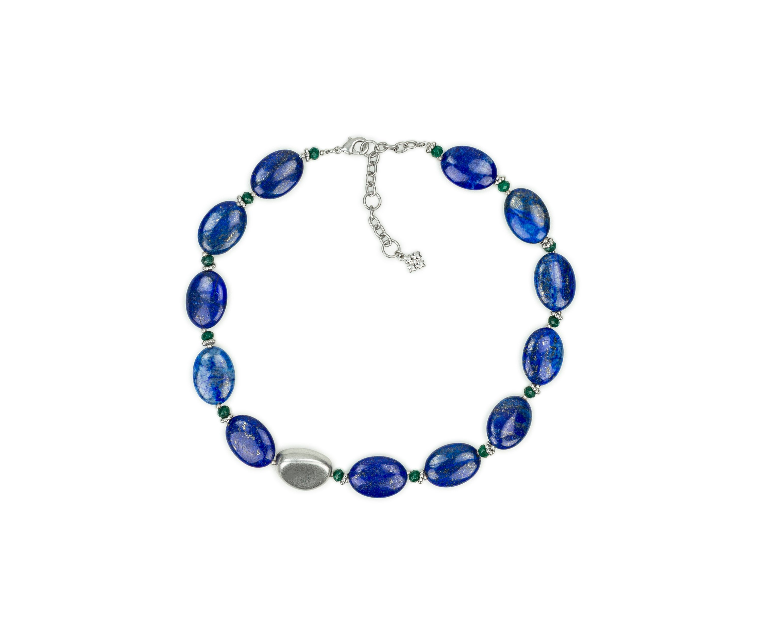 Oval Blue Beaded Worn Rhodium Necklace 
