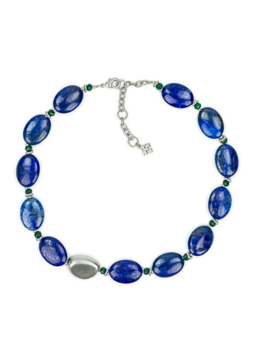 Oval Blue Beaded Worn Rhodium Necklace 