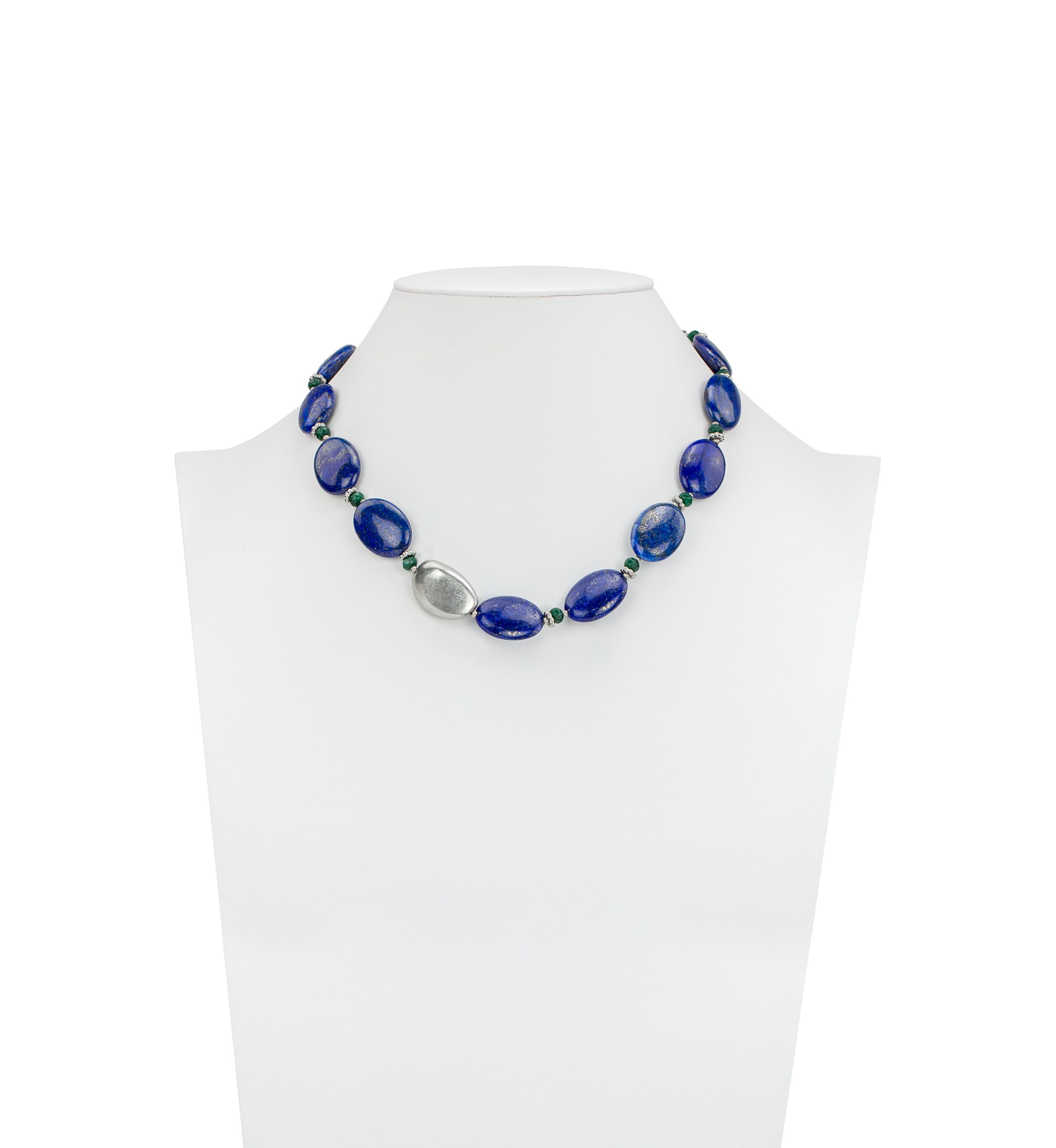Oval Blue Beaded Worn Rhodium Necklace 
