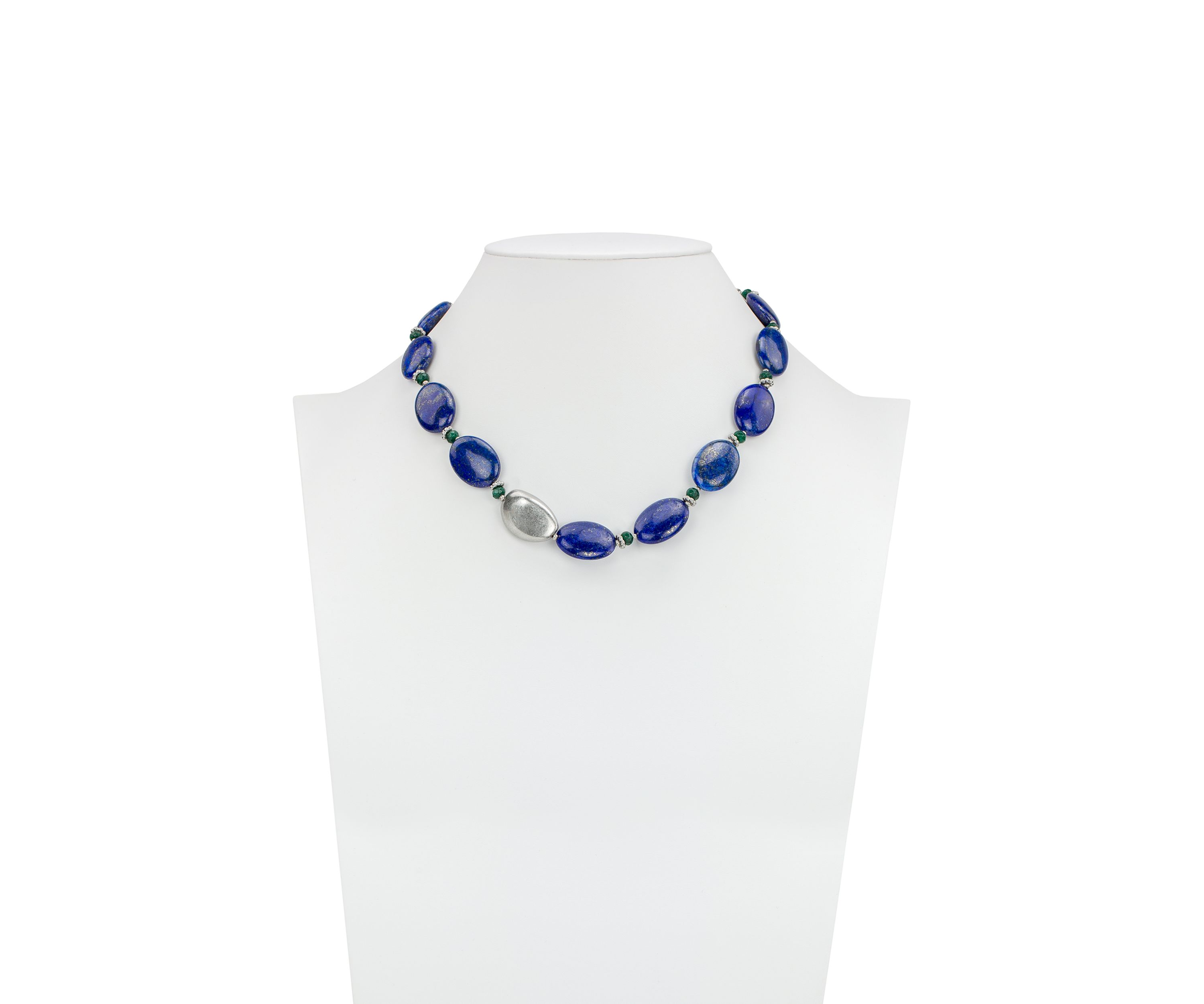 Oval Blue Beaded Worn Rhodium Necklace 