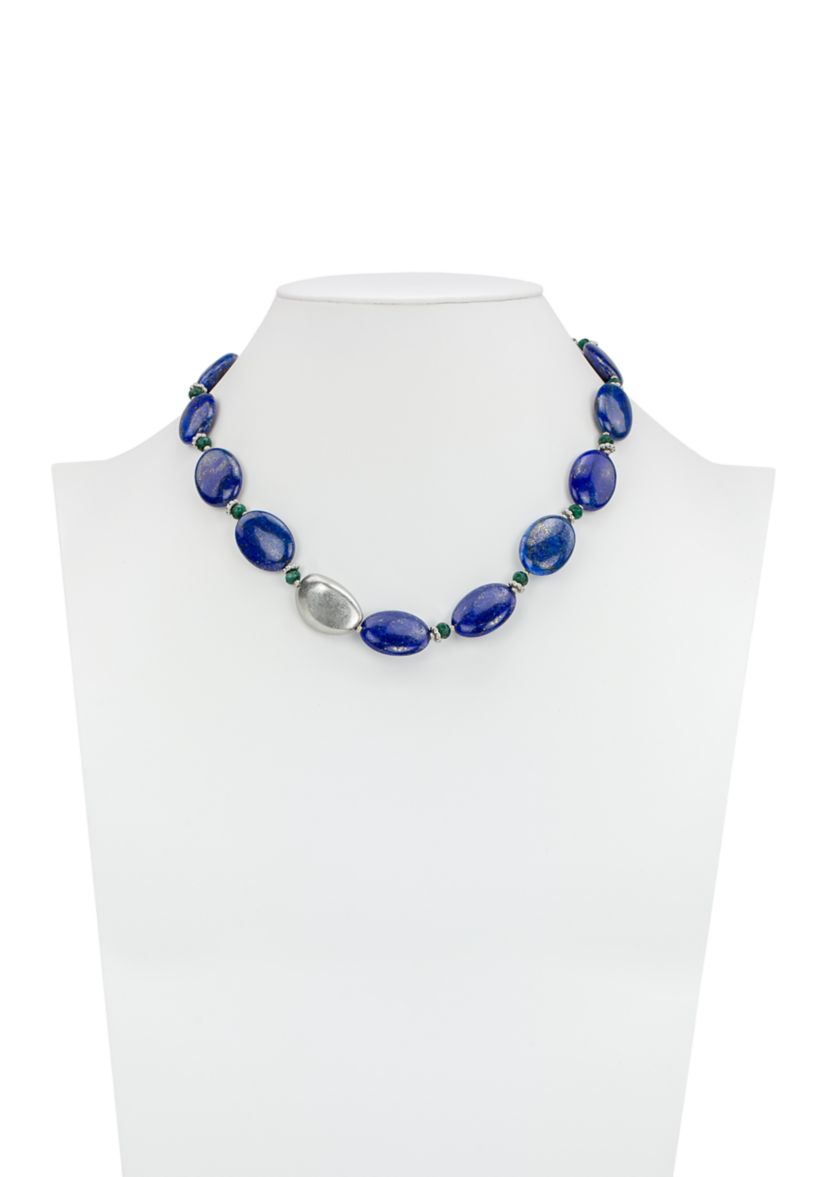 Oval Blue Beaded Worn Rhodium Necklace 