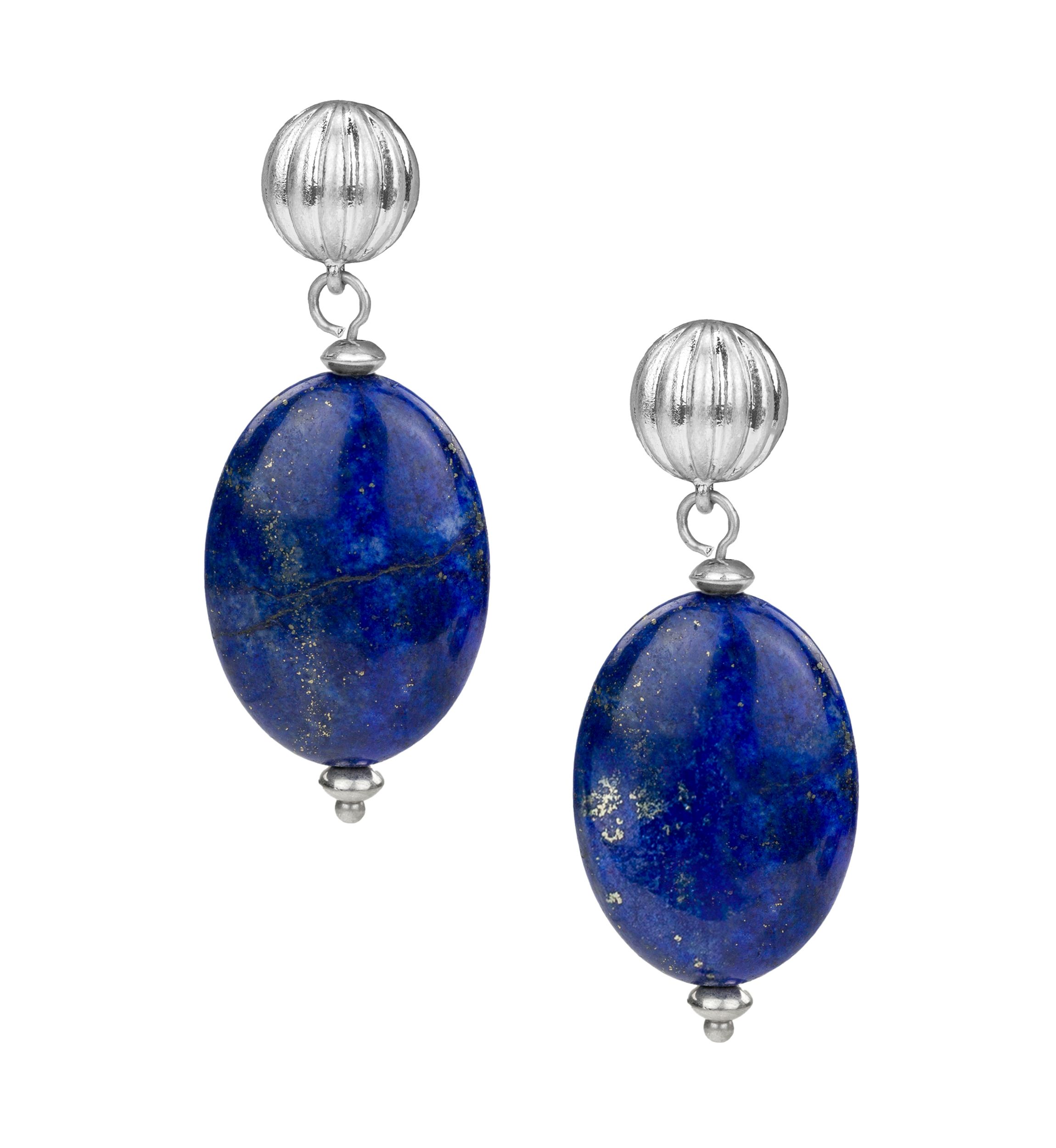 Blue Worn Rhodium Oval Drop Post Earrings