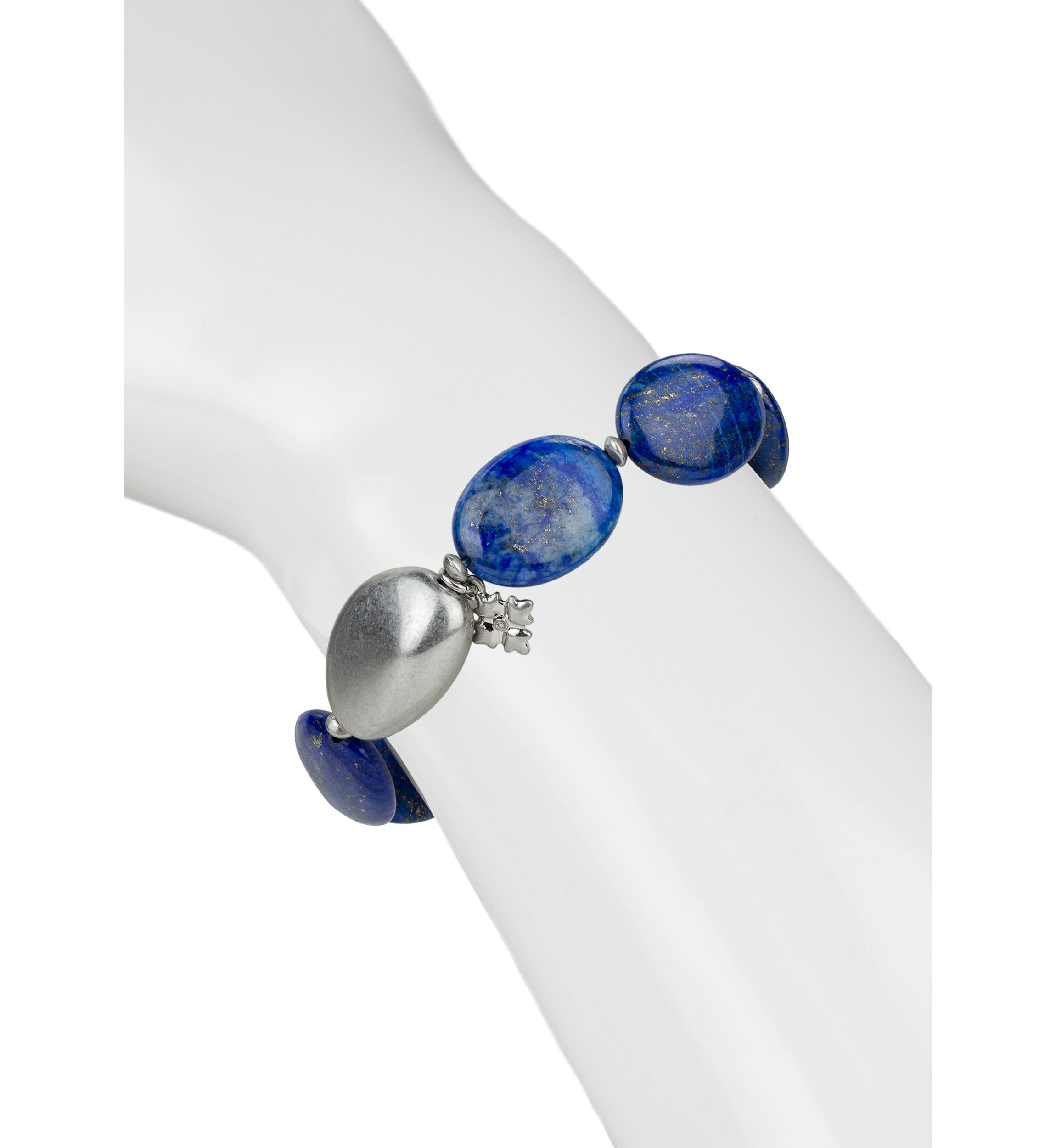 Blue Beaded Worn Rhodium Stretch Bracelet 