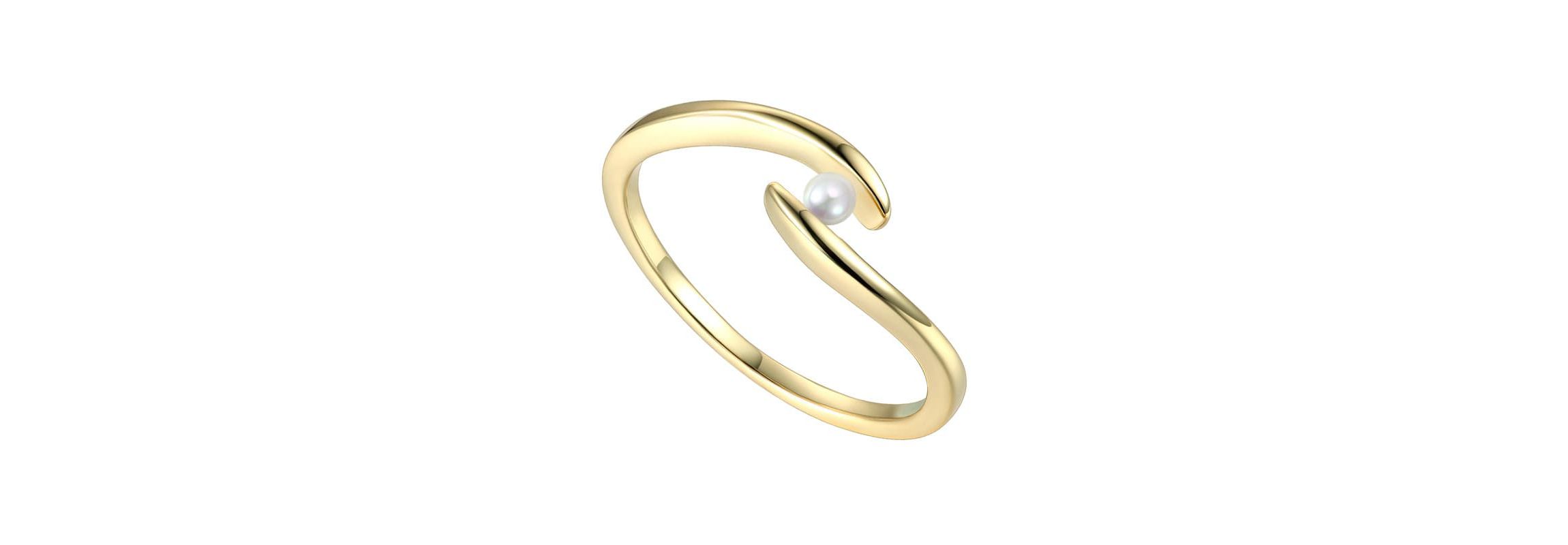 Lab Created 14k Gold Plated with White Genuine Freshwater Pearl Ocean Wave Stacking Ring, Sz 7