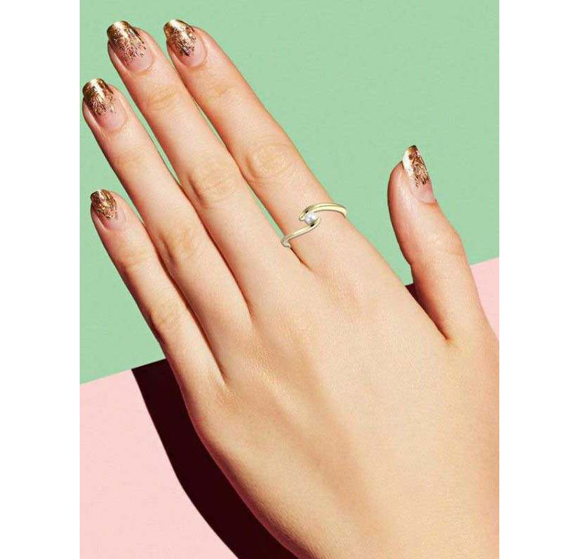 Lab Created 14k Gold Plated with White Genuine Freshwater Pearl Ocean Wave Stacking Ring, Sz 7