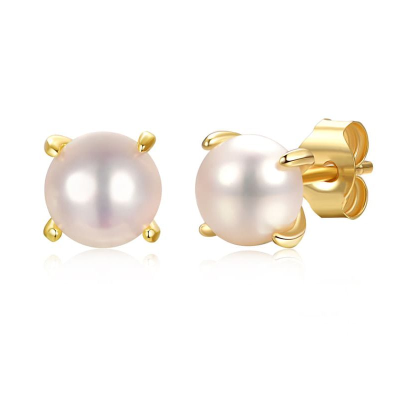 Lab Created Sterling Silver 14k Gold Plated with Freshwater Pearl Stud Earrings