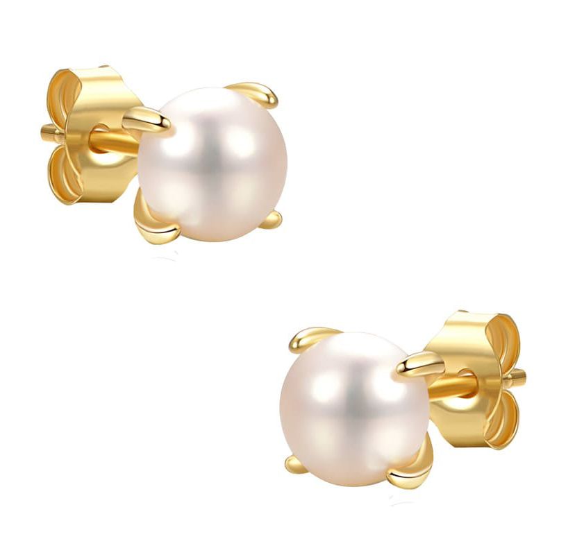 Lab Created Sterling Silver 14k Gold Plated with Freshwater Pearl Stud Earrings
