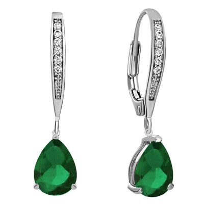 Rozzato Lab Created Elegant Sterling Silver Dangling Pear-Shaped Cubic Zirconia Earrings, Green