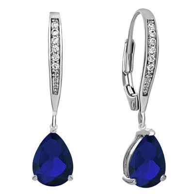Rozzato Lab Created Elegant Sterling Silver Dangling Pear-Shaped Cubic Zirconia Earrings, Blue