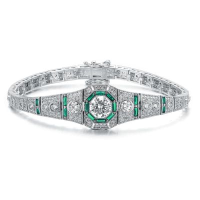 Rozzato Lab Created Sterling Silver White Gold Plated with Colored Round & Baguette Cubic Zirconia Link Bracelet