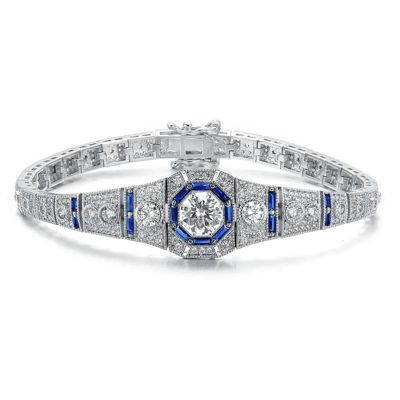 Rozzato Lab Created Sterling Silver White Gold Plated with Colored Round & Baguette Cubic Zirconia Link Bracelet, 7 in