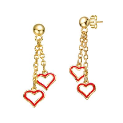 Rozzato Lab Created 14K Gold Plated with Colored Enamel Double Heart Halo Dangle Chain Drop Earrings for Kids, Red