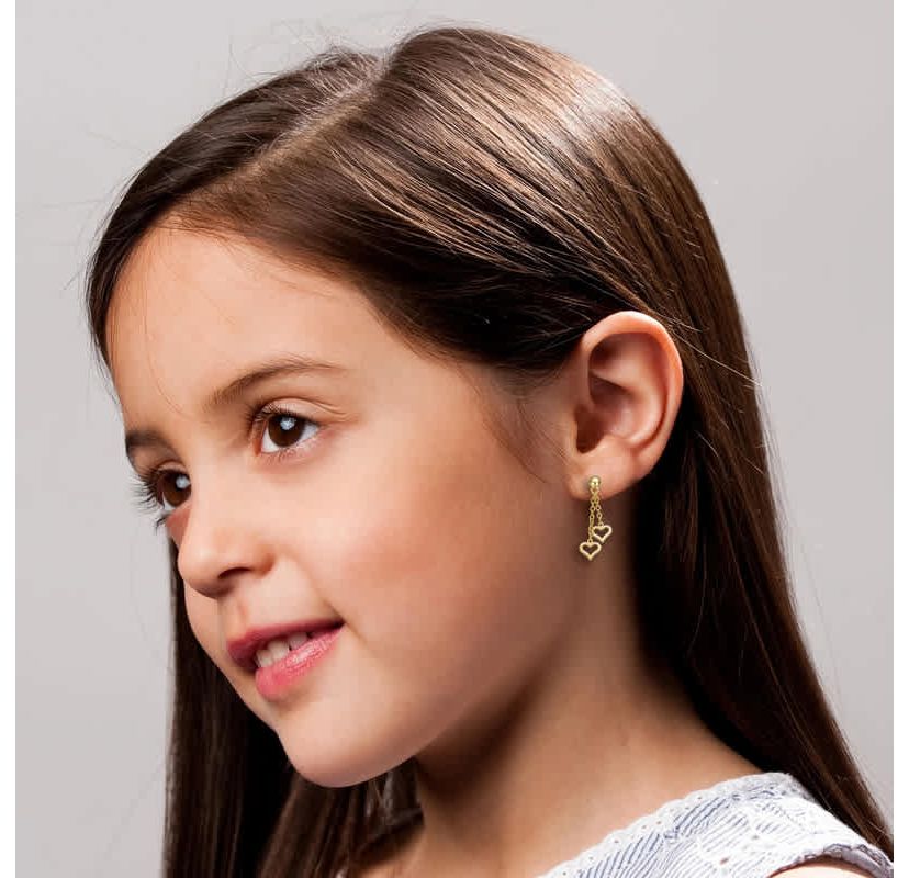 Lab Created 14K Gold Plated with Colored Enamel Double Heart Halo Dangle Chain Drop Earrings for Kids