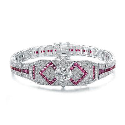 Rozzato Lab Created Sterling Silver White Gold Plated with Colored Round & Baguette Cubic Zirconia Link Bracelet
