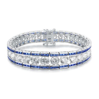Rozzato Lab Created Sterling Silver White Gold Plated with Colored Baguette Cubic Zirconia Link Bracelet