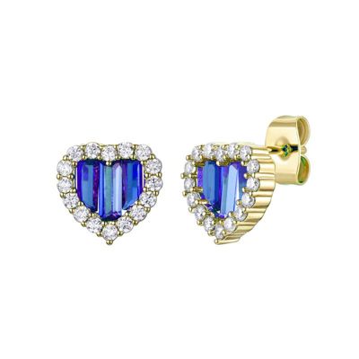 Rozzato Lab Created 14K Gold Plated with Colored Cubic Zirconia Baguette Heart Halo Stud Earring for Teens, Blue