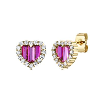 Rozzato Lab Created 14K Gold Plated with Colored Cubic Zirconia Baguette Heart Halo Stud Earring for Teens, Pink