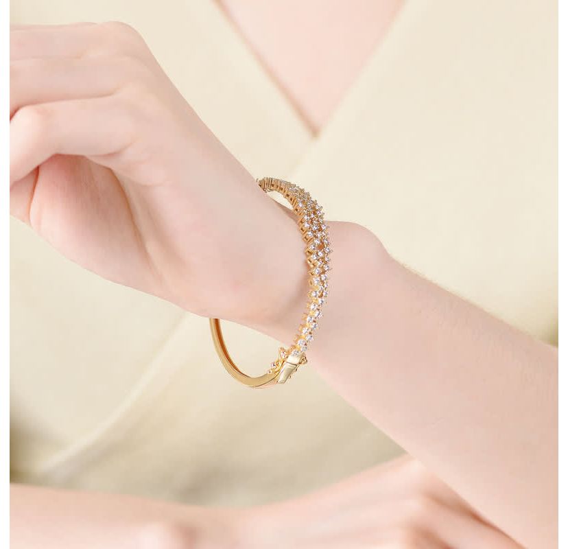 Lab Created Sterling Silver with with Clear Round Cubic Zirconia Cluster Style Bangle Bracelet