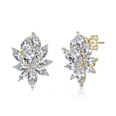 Rozzato Lab Created Sterling Silver with Clear Cubic Zirconia Corsage Flower Cluster Stud Earrings, Gold