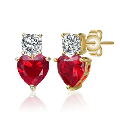 Rozzato Lab Created Sterling Silver 14K Gold Plated with Colored Cubic Zirconia Two-Stone Heart Earrings