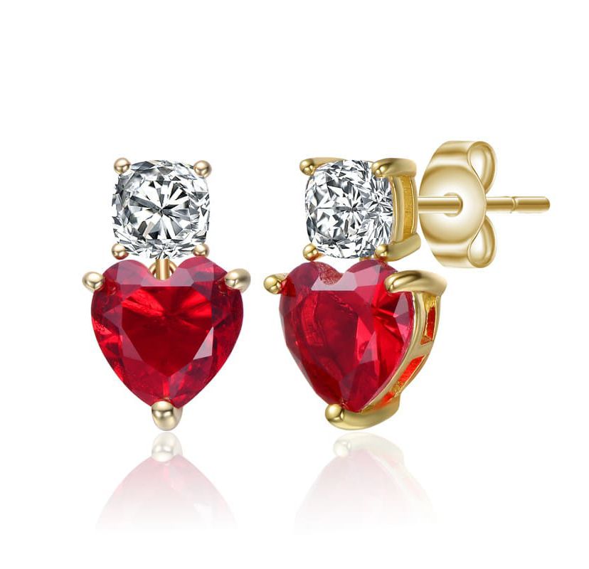 Lab Created Sterling Silver 14K Gold Plated with Colored Cubic Zirconia Two-Stone Heart Earrings