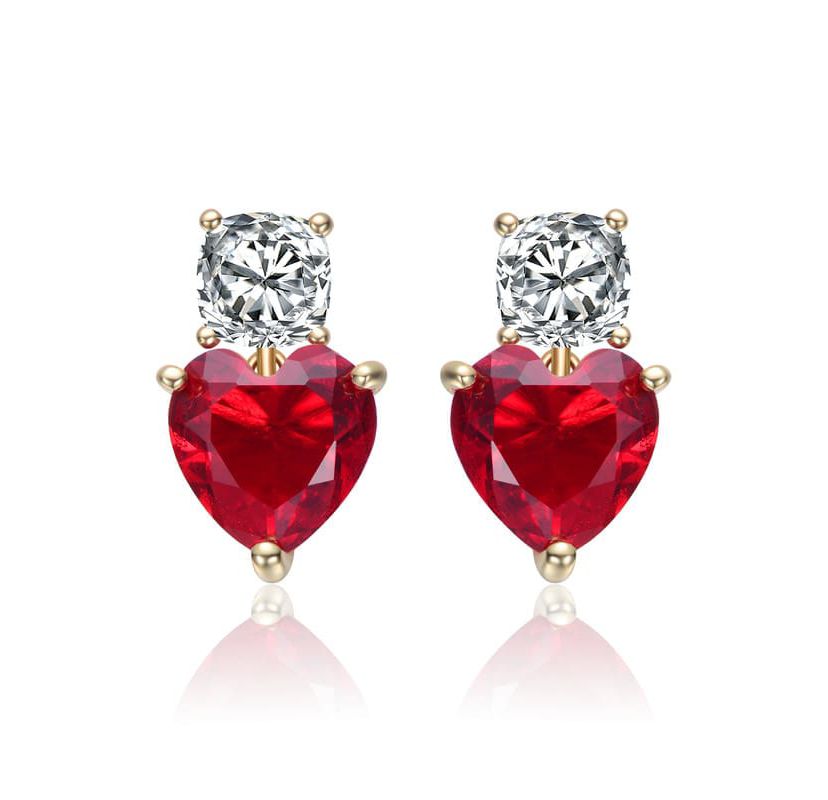 Lab Created Sterling Silver 14K Gold Plated with Colored Cubic Zirconia Two-Stone Heart Earrings