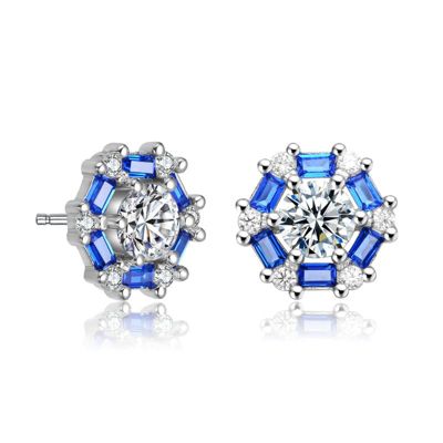 Rozzato Lab Created Round and Colored Baguette Cubic Zirconia Stud Earrings, Blue