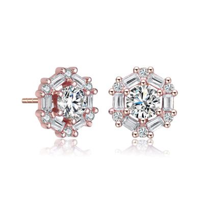 Rozzato Lab Created Round and Colored Baguette Cubic Zirconia Stud Earrings, Pink