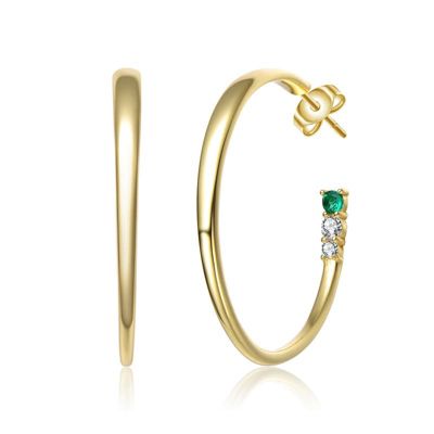 Rozzato Lab Created Sterling Silver White Gold Plated with Colored Cubic Zirconia 3-Stone C-Hoop Earrings, Green