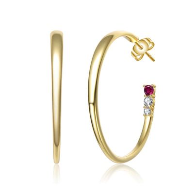 Rozzato Lab Created Sterling Silver White Gold Plated with Colored Cubic Zirconia 3-Stone C-Hoop Earrings, Red