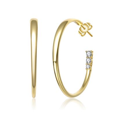 Rozzato Lab Created Sterling Silver White Gold Plated with Colored Cubic Zirconia 3-Stone C-Hoop Earrings