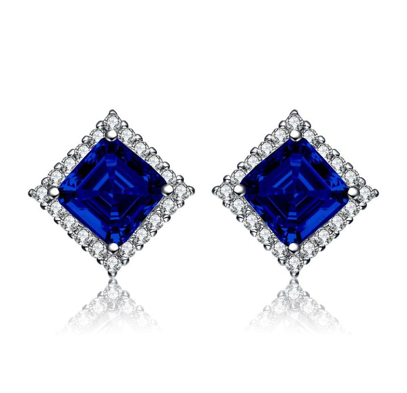 Lab Created White Gold Plated with Colored Cubic Zirconia Square Stud Earrings
