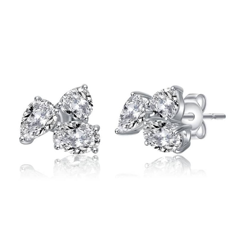 Lab Created Sterling Silver with Clear Cubic Zirconia Triple Cluster Stud Earrings