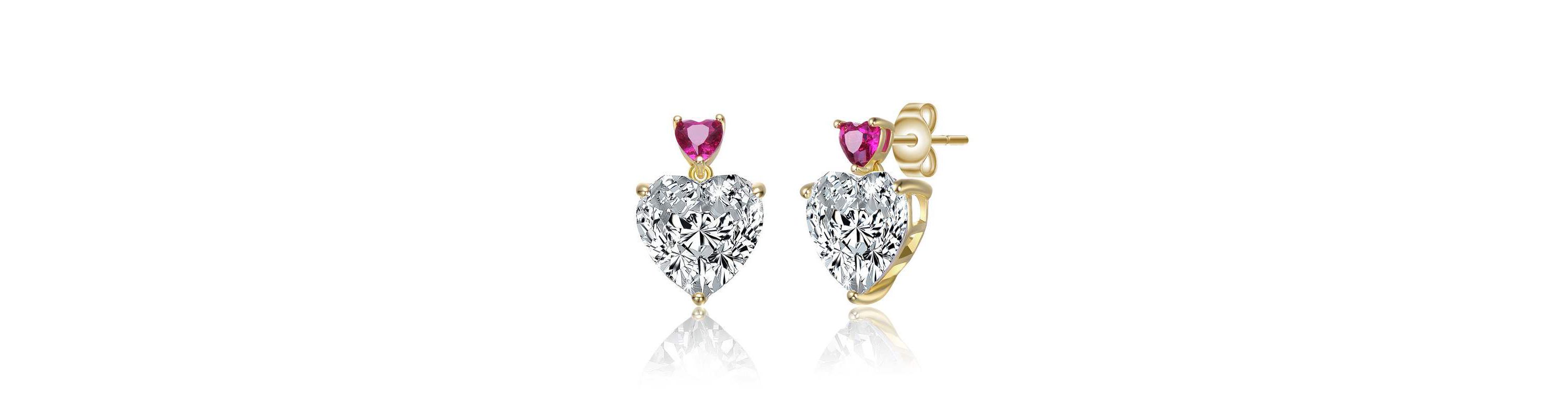 Lab Created Sterling Silver 14K Gold Plated with Colored Cubic Zirconia Two-Stone Heart Stud Earrings
