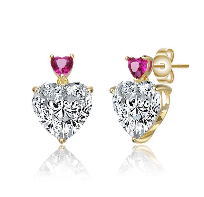 Lab Created Sterling Silver 14K Gold Plated with Colored Cubic Zirconia Two-Stone Heart Stud Earrings