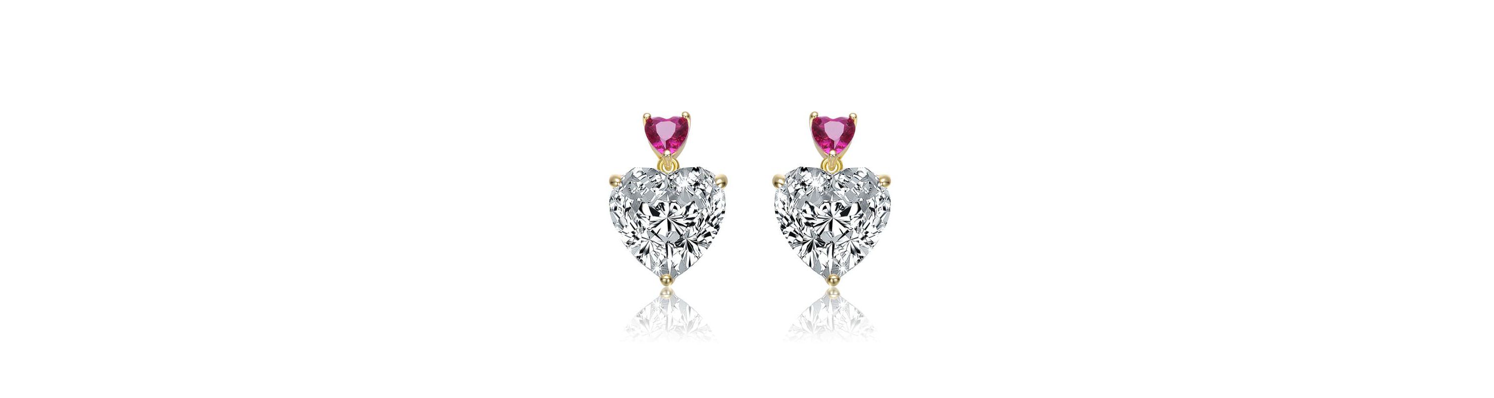 Lab Created Sterling Silver 14K Gold Plated with Colored Cubic Zirconia Two-Stone Heart Stud Earrings