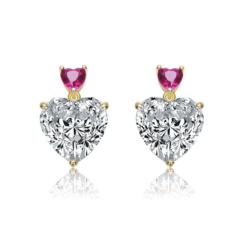 Lab Created Sterling Silver 14K Gold Plated with Colored Cubic Zirconia Two-Stone Heart Stud Earrings