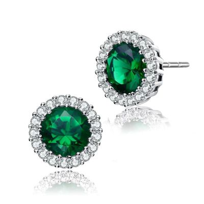 Rozzato Lab Created Sterling Silver with Colored Round Cubic Zirconia Halo Round Stud Earrings, Green