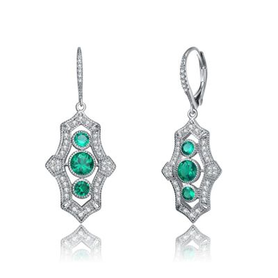 Rozzato Lab Created Sterling Silver White Gold Plated with Colored Cubic Zirconia 3-Stone Leverback Drop Earrings, Green