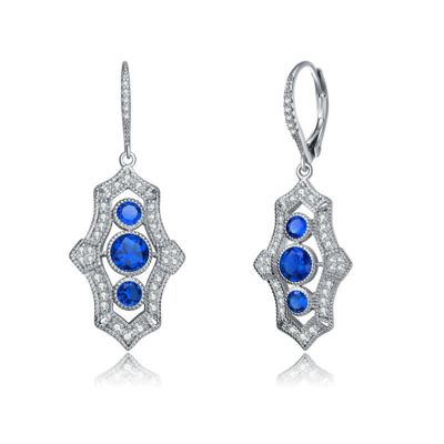 Rozzato Lab Created Sterling Silver White Gold Plated with Colored Cubic Zirconia 3-Stone Leverback Drop Earrings, Blue