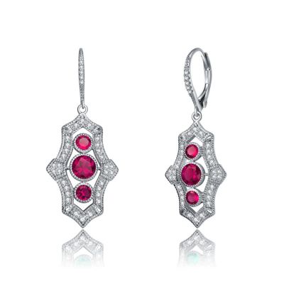 Rozzato Lab Created Sterling Silver White Gold Plated with Colored Cubic Zirconia 3-Stone Leverback Drop Earrings, Red