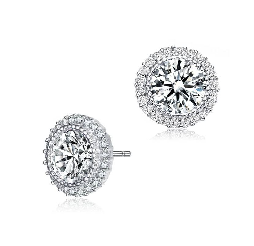 Lab Created Sterling Silver with Clear Round Cubic Zirconia Milgrain Set Halo Stud Earrings