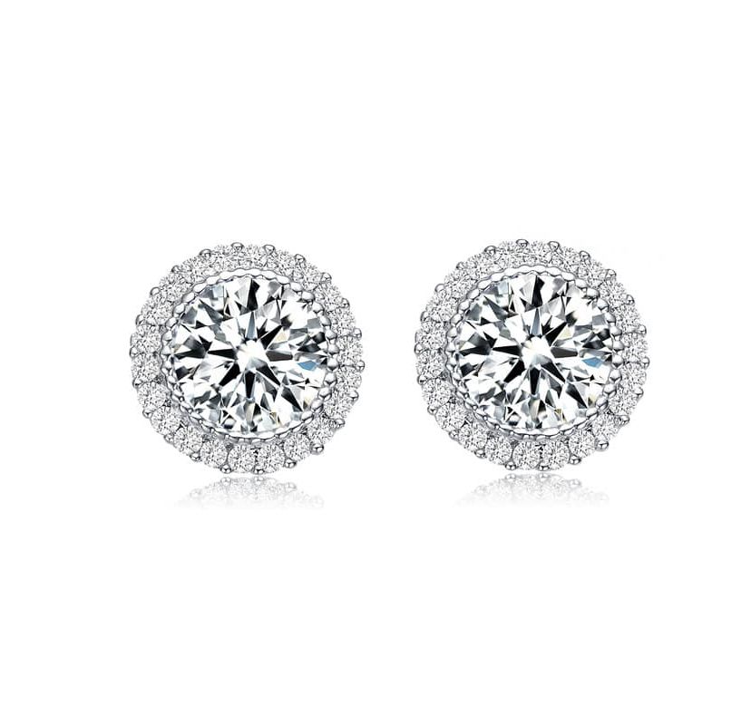 Lab Created Sterling Silver with Clear Round Cubic Zirconia Milgrain Set Halo Stud Earrings